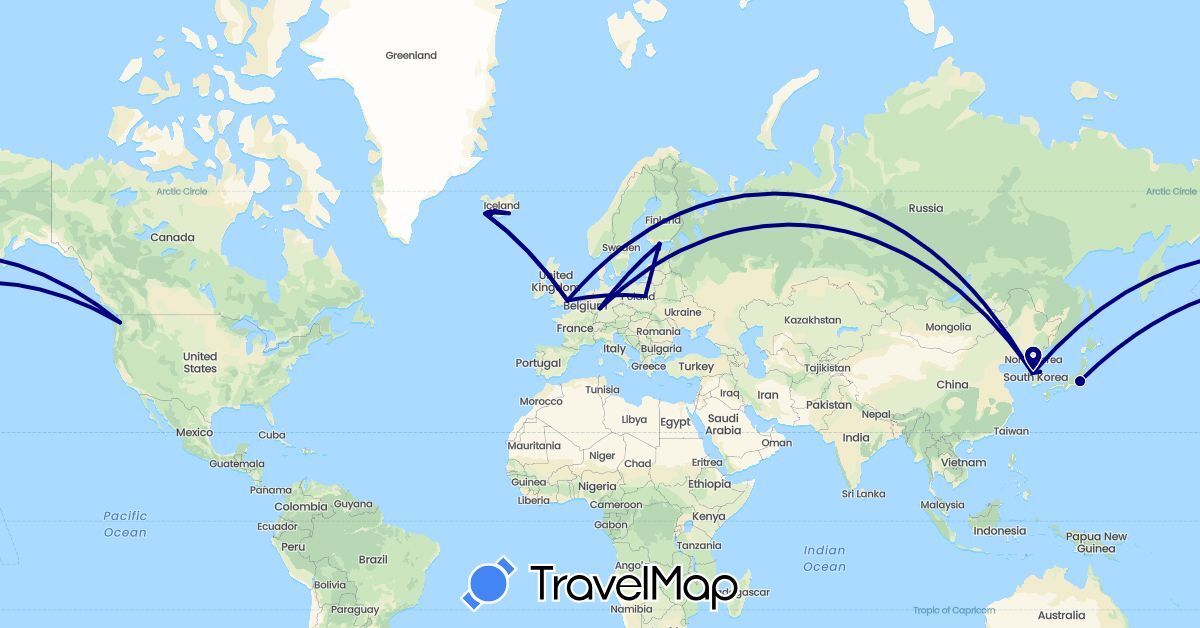 TravelMap itinerary: driving in Germany, Estonia, Finland, United Kingdom, Iceland, Japan, South Korea, Poland, United States (Asia, Europe, North America)